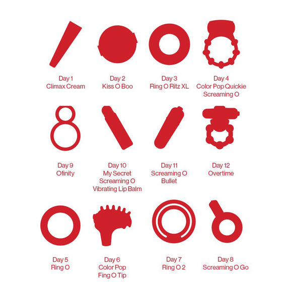Illustrated outlines of all 12 items that are included with the Screaming O 12 Days Of SeXXXmas | Kinkly Shop