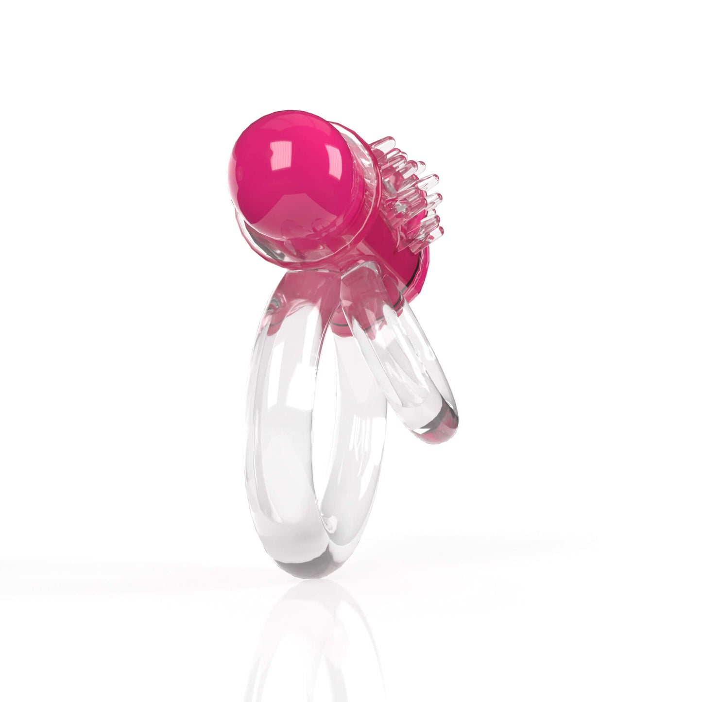 Side angle of the Screaming O 4B DoubleO 6. The two rings look super stretchy and like they could be pulled really far apart. There are protruding, textured nubs from the area that holds the vibrating bullet. | Kinkly Shop
