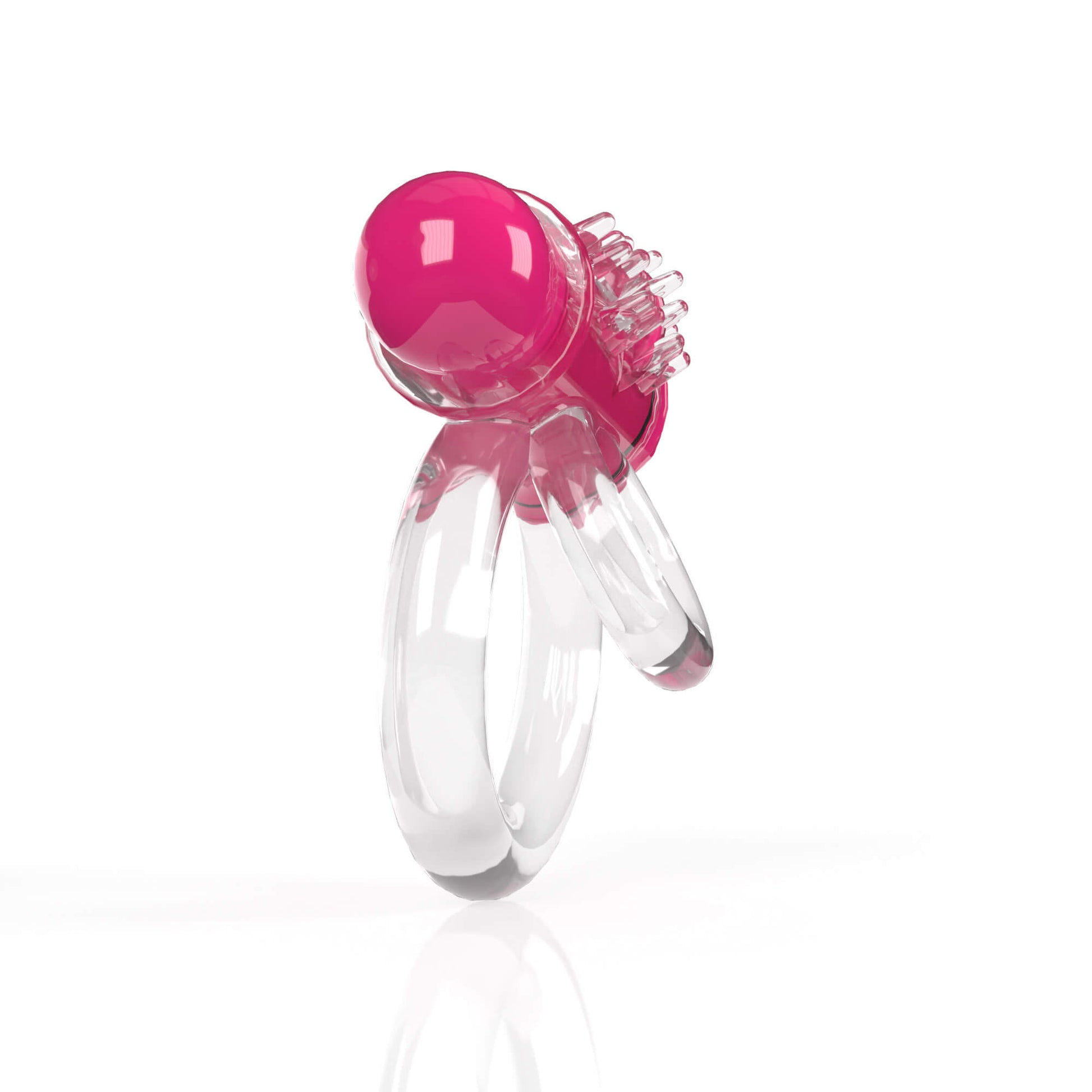 Side angle of the Screaming O 4B DoubleO 6. The two rings look super stretchy and like they could be pulled really far apart. There are protruding, textured nubs from the area that holds the vibrating bullet. | Kinkly Shop