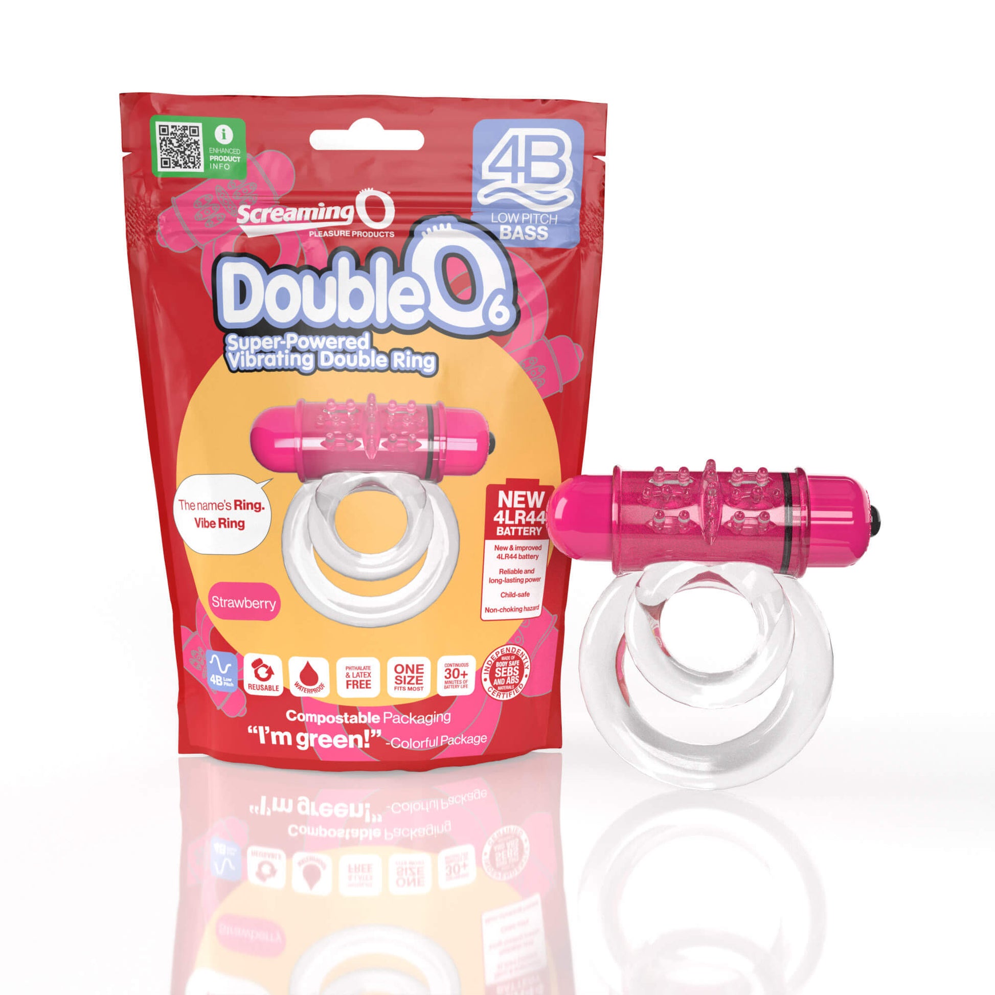The Screaming O 4B DoubleO 6 sitting out next to its compostable, pouch packaging. | Kinkly Shop