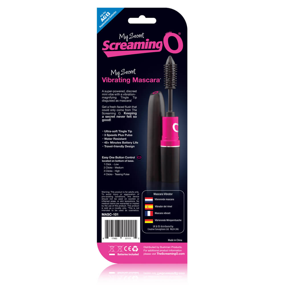 Backside of the packaging o the Screaming O My Secret Vibrating Mascara | Kinkly Shop