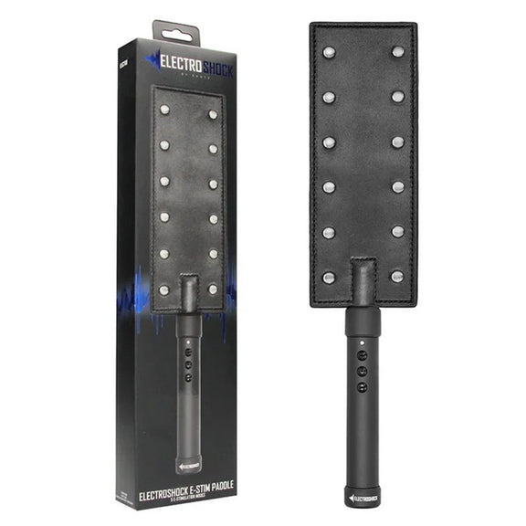 The ElectroShock Rechargeable Paddle shown next to the packaging for the electrosex paddle. | Kinkly Shop