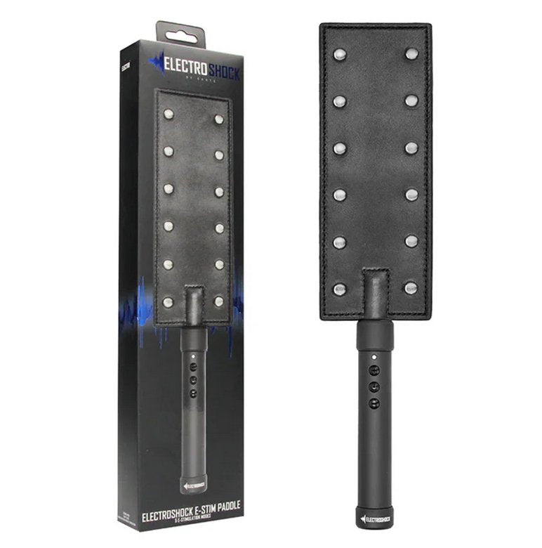 The ElectroShock Rechargeable Paddle shown next to the packaging for the electrosex paddle. | Kinkly Shop