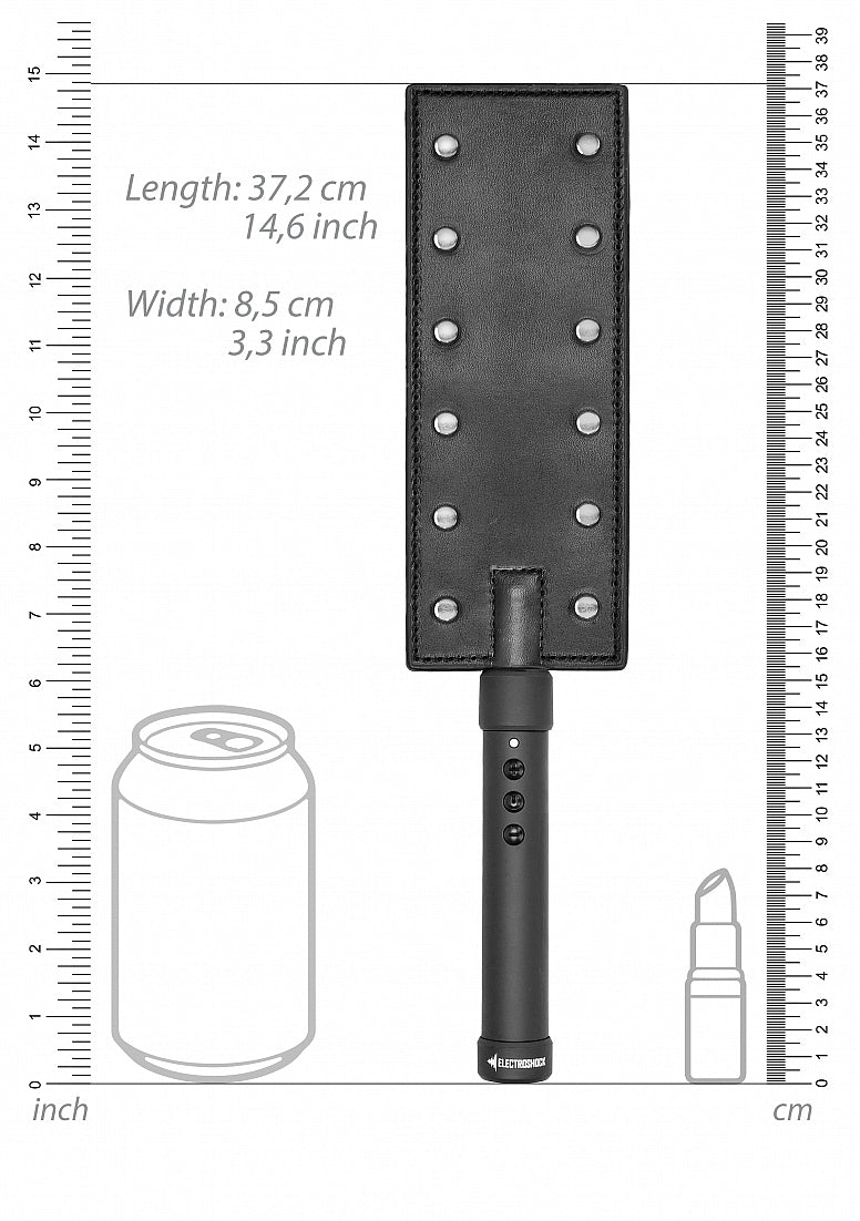 The ElectroShock Rechargeable Paddle shown next to the measurements of the paddle. | Kinkly Shop