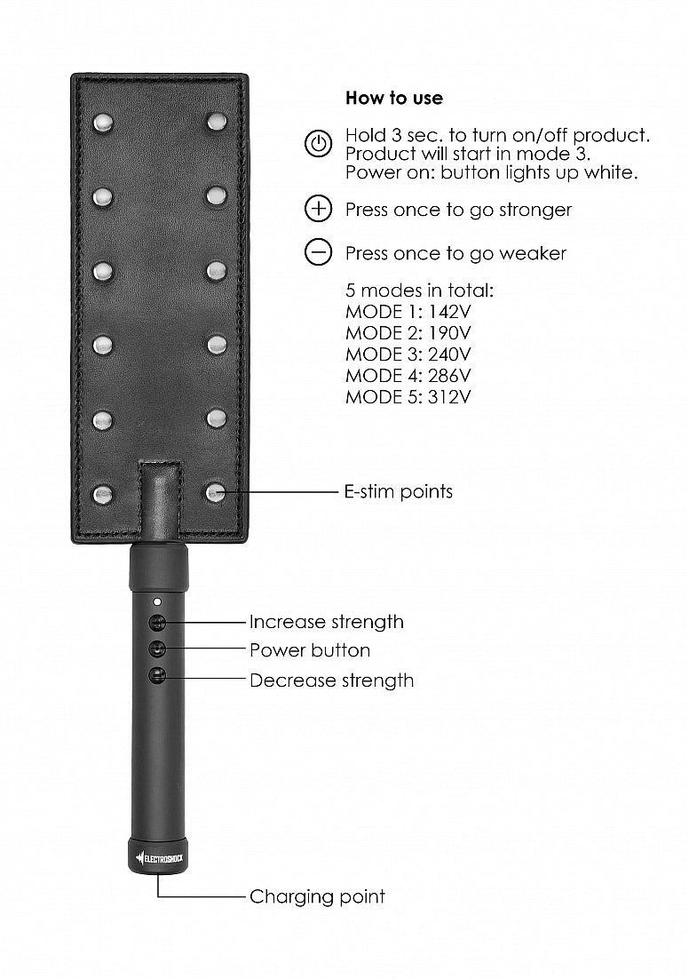 Instructions for how to use the ElectroShock Rechargeable Paddle. The paddle has 5 different modes. | Kinkly Shop