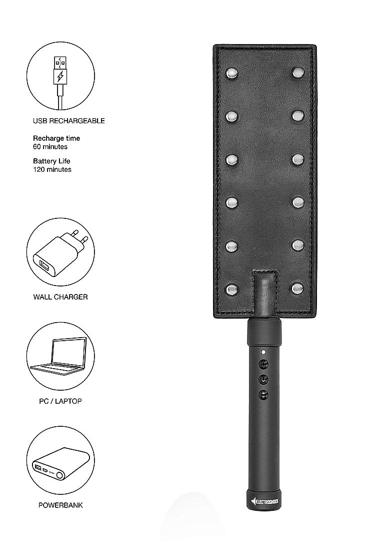 The ElectroShock Rechargeable Paddle shown next to an illustration that showcases the paddle as USB rechargeable. It has a recharge time of 60 minutes with a battery life of 120 minutes. | Kinkly Shop