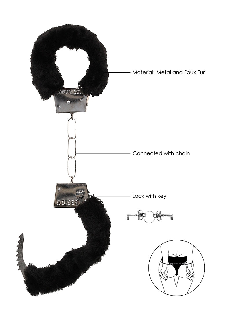 The Ouch! Furry Handcuffs with text that points out the various features of the handcuffs. Text includes: Material: Metal and faux fur, Connected with chain, Lock with key. | Kinkly Shop