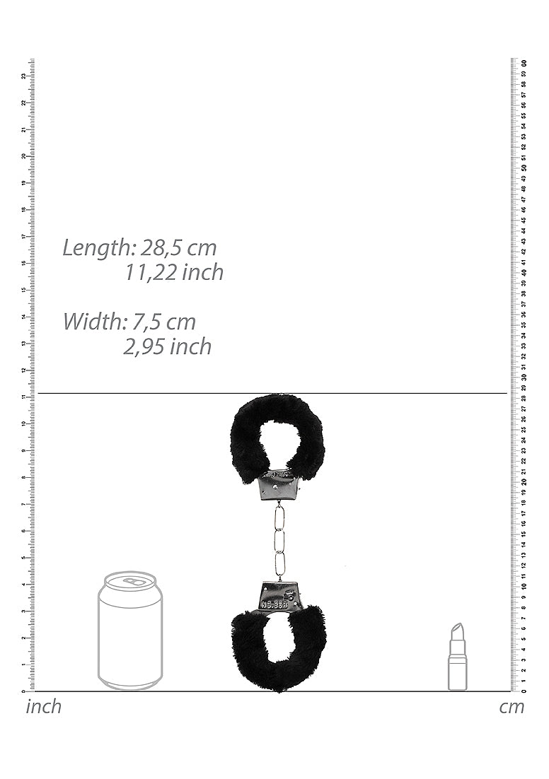 Measurements for the Ouch! Furry Handcuffs compare it to a can of soda and a tube of lipstick. | Kinkly Shop
