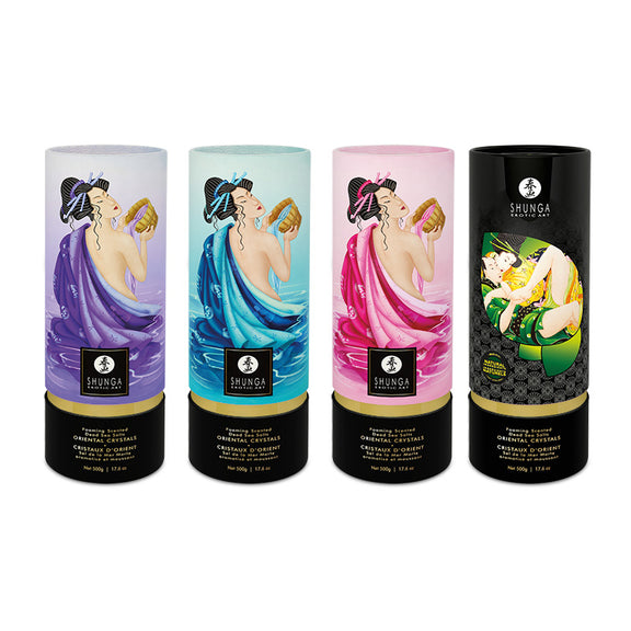 All four of the scents of the Shunga Crystals Bath Salts | Kinkly Shop