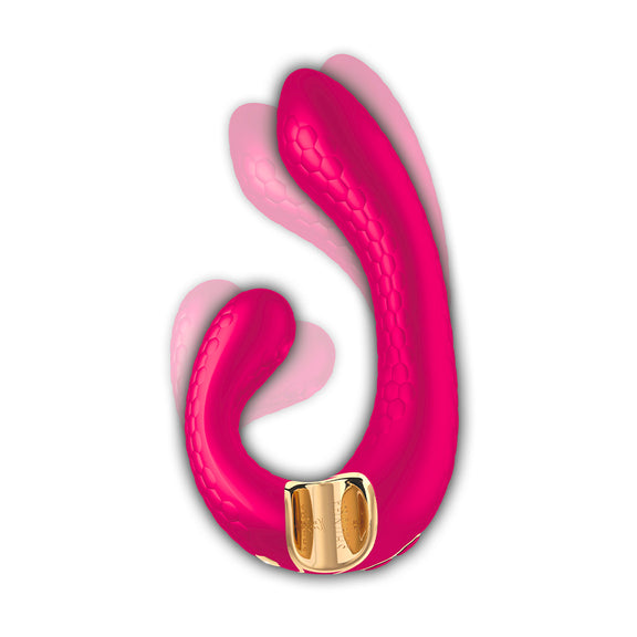 Shunga Miyo shown in raspberry with multiple images superimposed on top of it, showcasing how flexible and bendable the vibrator is. | Kinkly Shop