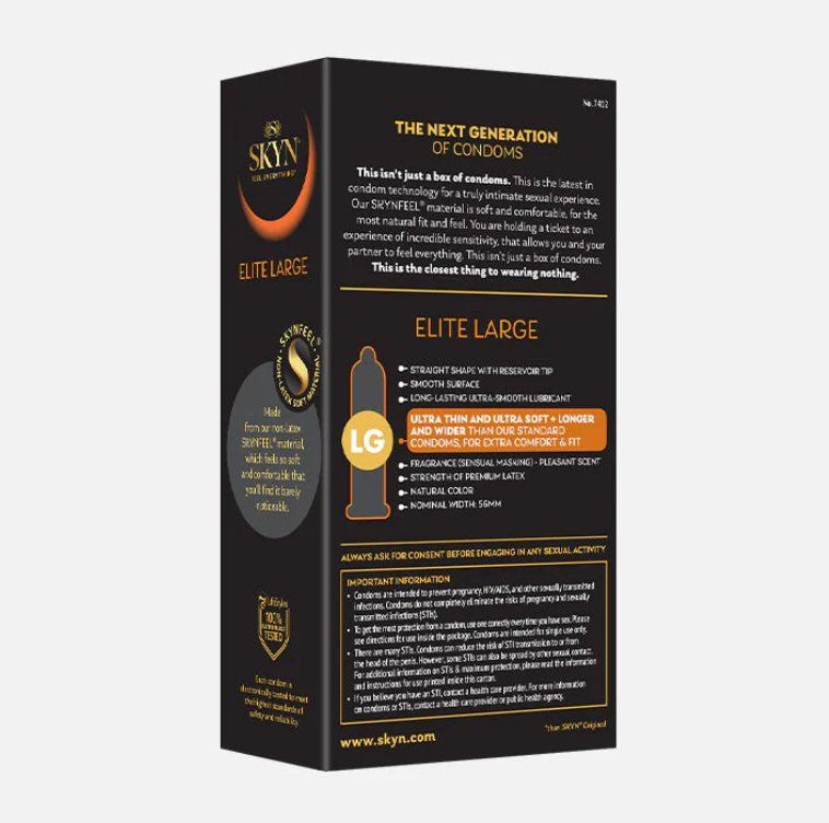 Backside of the packaging of the SKYN Non-Latex Condoms - Elite Large | Kinkly Shop