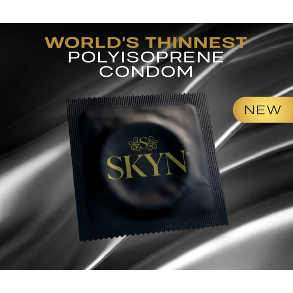 One individually-wrapped condom is shown in front of a satin gray material. Text on the image reads: "World's thinnest polyisoprene condom". | Kinkly Shop
