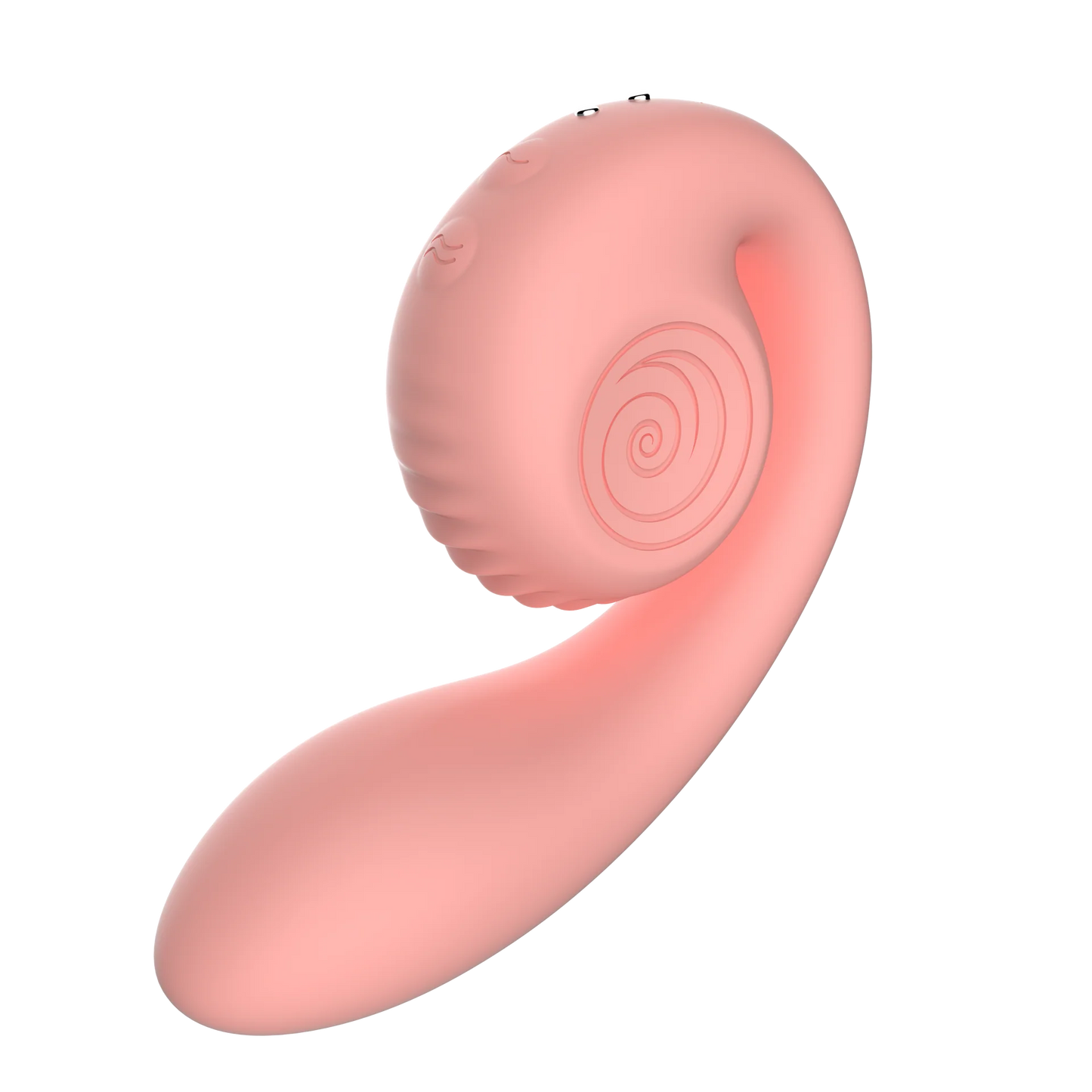 The Snail Vibe Gizi shown at an angle. The shaft has a tapered, smooth tip, and there are multiple buttons on the unrolling clitoral arm of the toy. | Kinkly Shop