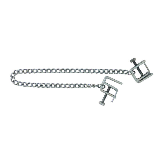 Spartacus Press Nipple Clamps up against a plain white background. They look like mini industrial presses with a chain connecting the two clamps together. | Kinkly Shop