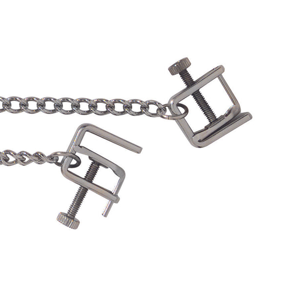 Close-up of the clamps on the Spartacus Press Nipple Clamps. They look like industrial clamp presses with twistable screws that cause the clamps to tighten up. | Kinkly Shop