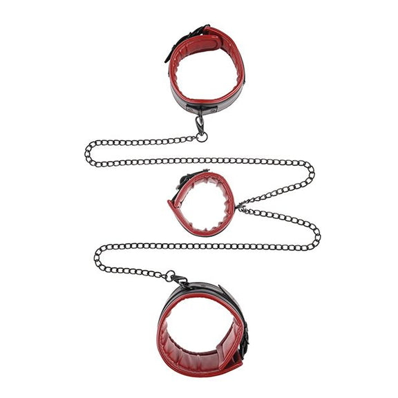 Top down view of all three cuffs. This top down view showcases how large the wrist and ankle cuffs are to fit both ankles and wrists side by side. The collar looks small in circumference in comparison. Between each one of the cuffs is a matching chain that ties them all together. | Kinkly Shop