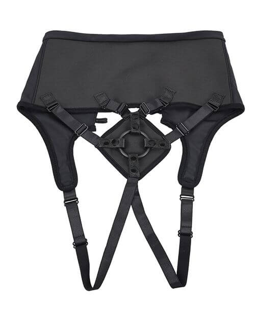 The Sportsheets High Waisted Strap-On Corset Harness laying flat on a plain white background. It has a jock-style harness with two straps that run underneath each butt cheek. | Kinkly Shop
