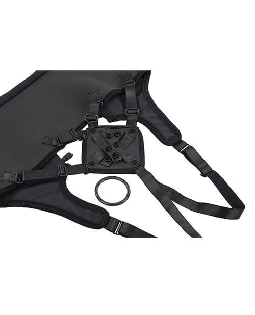 All of the snap buttons are unsnapped on the Sportsheets High Waisted Strap-On Corset Harness. The O-ring has been removed and is sitting to the side. This showcases the interchangeable O-ring design of the front O-ring panel. | Kinkly Shop