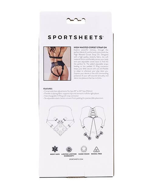 Backside of the packaging for the Sportsheets High Waisted Strap-On Corset Harness | Kinkly Shop