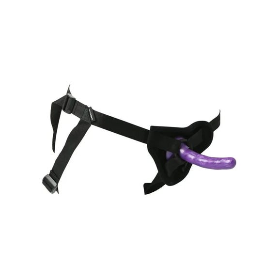 The Sportsheets New Comers Strap-On Set shown against a plain white background. The purple dildo is in the harness. | Kinkly