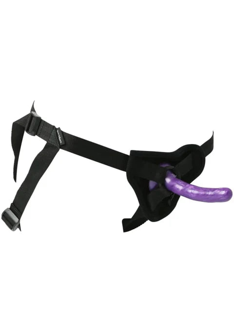 The Sportsheets New Comers Strap-On Set shown against a plain white background. The purple dildo is in the harness. | Kinkly