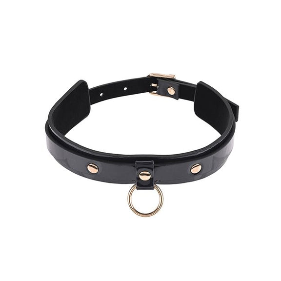The Sportsheets Orbit Day Collar in front of a white background. It has a single O-ring on the center front, and the black material looks like it shines. | Kinkly Shop