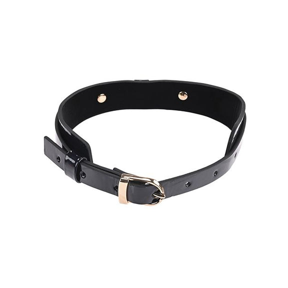 Backside of the Sportsheets Orbit Day Collar. It features a standard belt-buckle-style clasp in the back of the collar. The interior layer of the Sportsheets Orbit Day Collar has two rivets that can be felt by the wearer that help fasten in the O-ring on the front of the collar. | Kinkly Shop