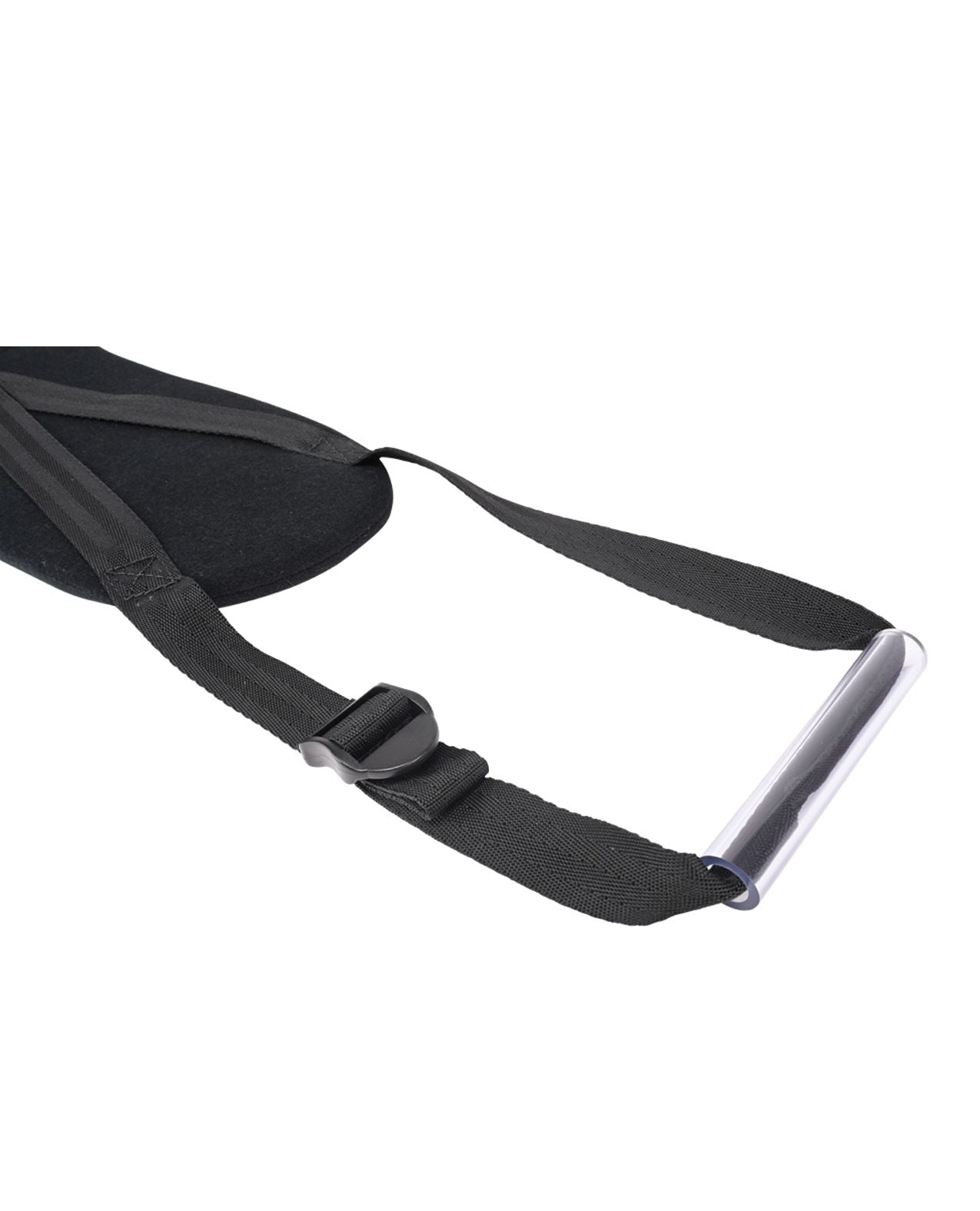 Close-up of the handle that's built into the side strap of the Sportsheets Pivot Deluxe Doggie Strap. It's a clear, see-through, sturdy plastic tube for easier gripping. | Kinkly Shop