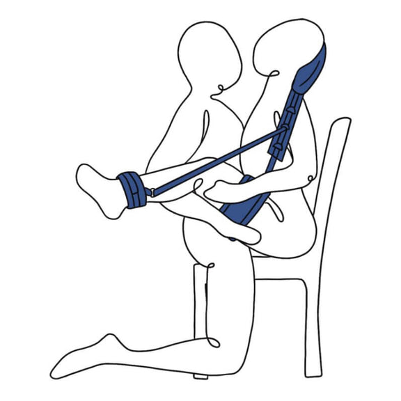 Illustration shows the Sportsheets Pivot Positioning Partner in use. The receiving partner is sitting in a chair. The Sportsheets Pivot Positioning Partner is behind their back and supporting the ankles and thighs to lift up both legs while sitting in the chair. The penetrating partner then straddles the chair as well, achieving intercourse with the receiver's legs moved out of the way. | Kinkly Shop