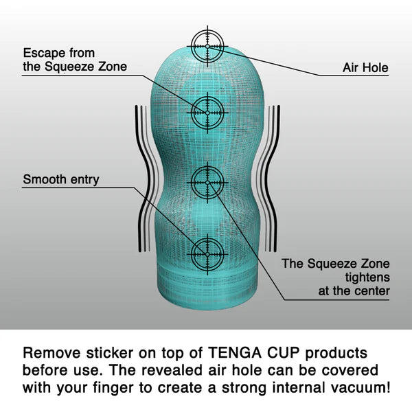 Outline of the Tenga Original Vacuum Cup. Text reads "Remove sticker on top of Tenga Cup products before use. The revealed air hole can be covered with your finger to create a strong internal vacuum." | Kinkly Shop