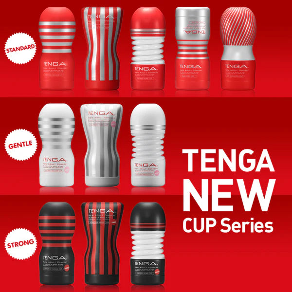 Text reads: "TENGA New Cup Series" This Tenga Original Vacuum Cup is part of the Standard series of cups. | Kinkly Shop