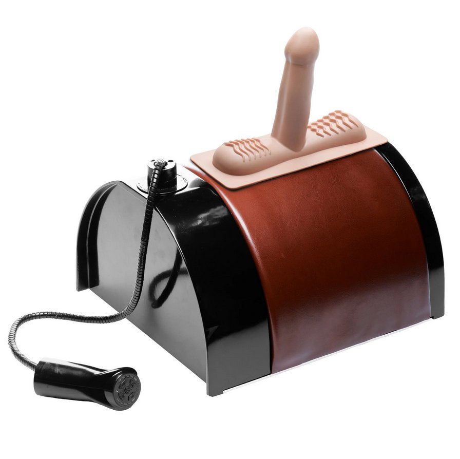 The The Saddle Sex Machine showcasing the movable remote that allows the saddle vibrator control to either attach to the saddle as a horn or pulled away from the machine as a corded remote. | Kinkly Shop