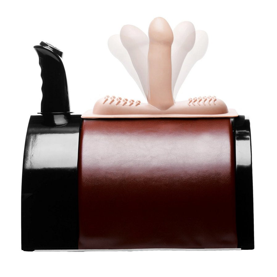 A side view of the dildo on top of The Saddle Sex Machine showcases how the dildo twirls on top of the matchine when it's powered on | Kinkly Shop