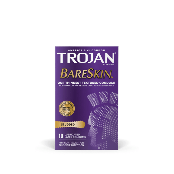 Packaging for the Trojan Studded Bareskin 10 pack | Kinkly