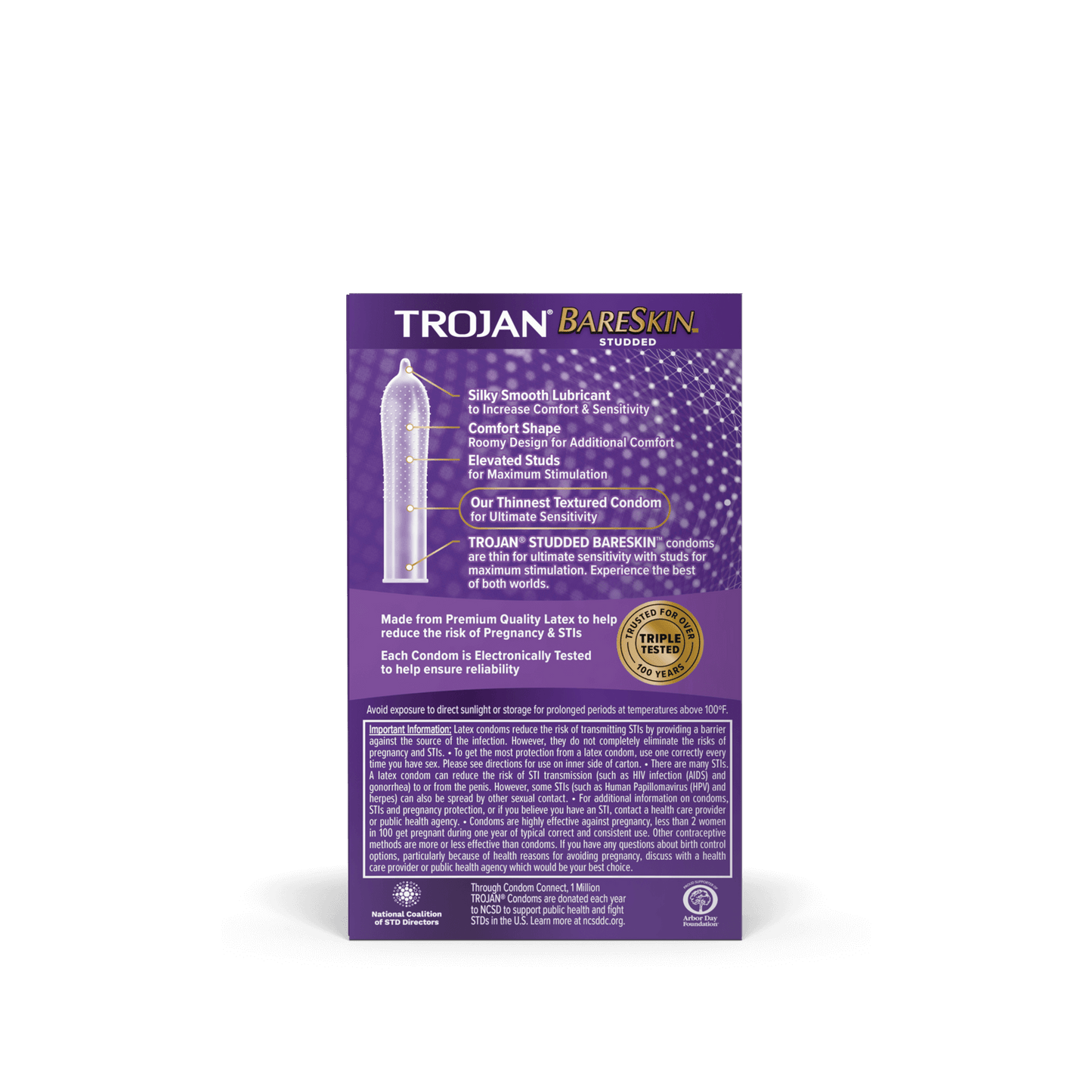 Backside of the packaging for the 10 pack of the Trojan Studded Bareskin | Kinkly