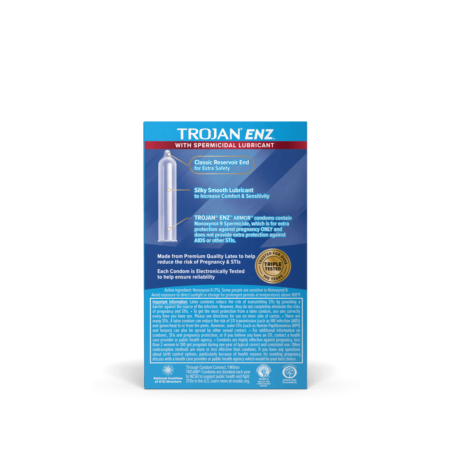 Backside of the Trojan ENZ Spermicidal Lubricated packaging | Kinkly