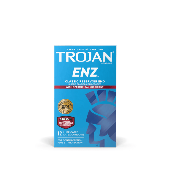 Packaging for the 12 pack of the Trojan ENZ Spermicidal Lubricated | Kinkly