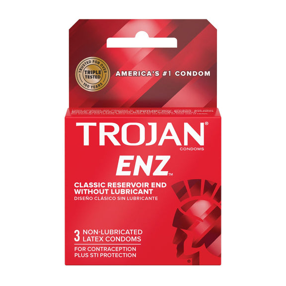 Packaging for the 3 pack of the Trojan ENZ without Lubricant Condoms | Kinkly Shop