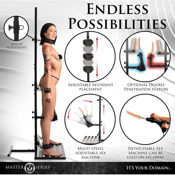 Collage of images of the Ultimate Enforcer Forced Orgasm Tower with Sex Machine showcases various features. Text reads: "Endless possibilities. Adjustable restraint placement. Optional double penetration feature. Multi-speed, adjustable sex machine. Detachable sex machine can be used on its own!" | Kinkly Shop