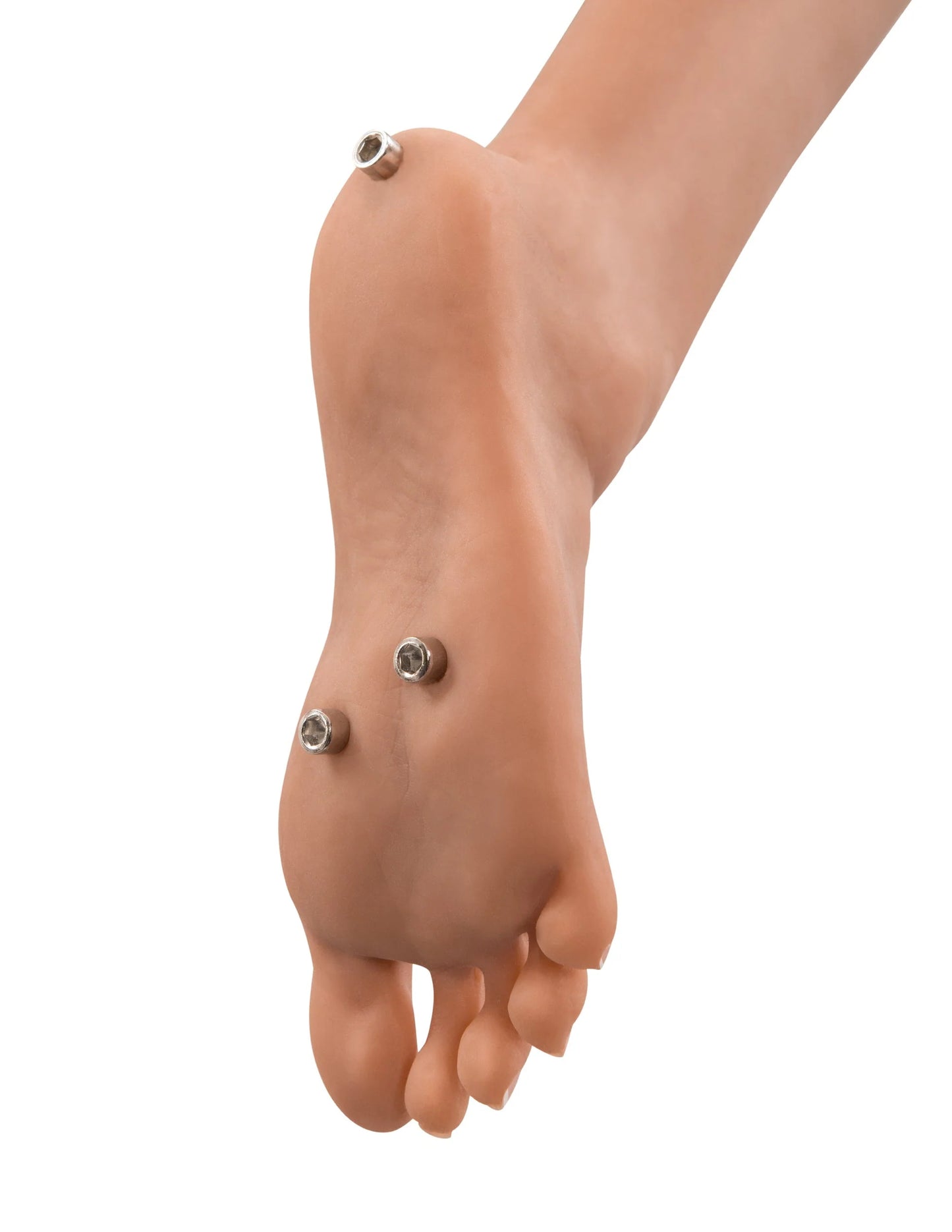 Close-up of the metal positioning docks at the base of the doll's feet. This allows the doll to snap into a sex doll stand. | Kinkly Shop