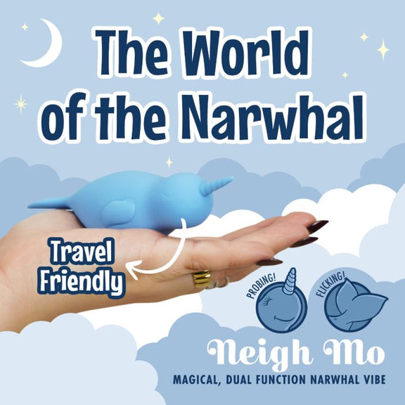 The Unihorn of the Sea is laying on top of an outstretched, open palm. Text on the image reads: "The world of narwhal. Travel friendly. Probing. Fucking. Neigh mo. Magicla, dual function narwhal vibe." | Kinkly Shop