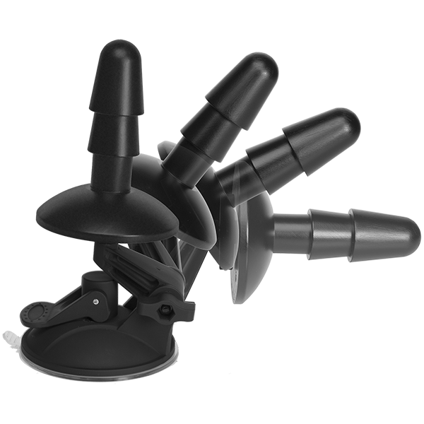 Multiple images of the Vac-U-Lock Deluxe Suction Cup Plug superimposed overtop of one another, showcasing how this suction cup attachment can bend at new angles. | Kinkly