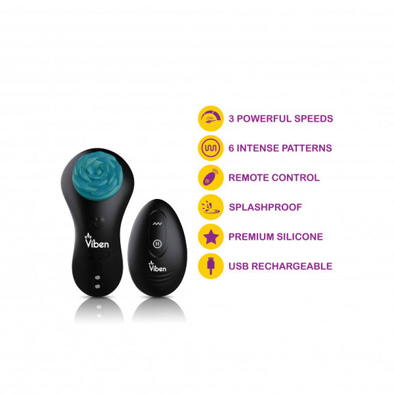 The Viben Secret Seduction shown next to a text list of the features it includes. Text reads: 3 powerful speeds, 6 intense patterns, remote control, splashproof, premium silicone, USB rechargeable. | Kinkly