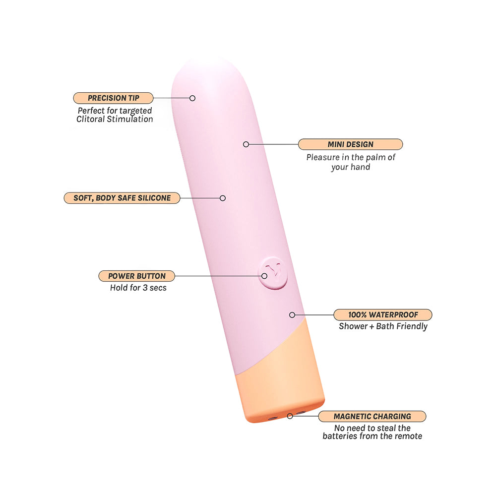 VUSH Peachy Bullet with various arrows and text pointing out the features. Text includes: Precision tip for targeted clit stim. Mini design fits into the palm of your hand. Soft, body-safe silicone. Power button only needs to be held for 3 seconds. 100% waterproof and is shower and bath friendly. Magnetic charging. No batteries required. | Kinkly
