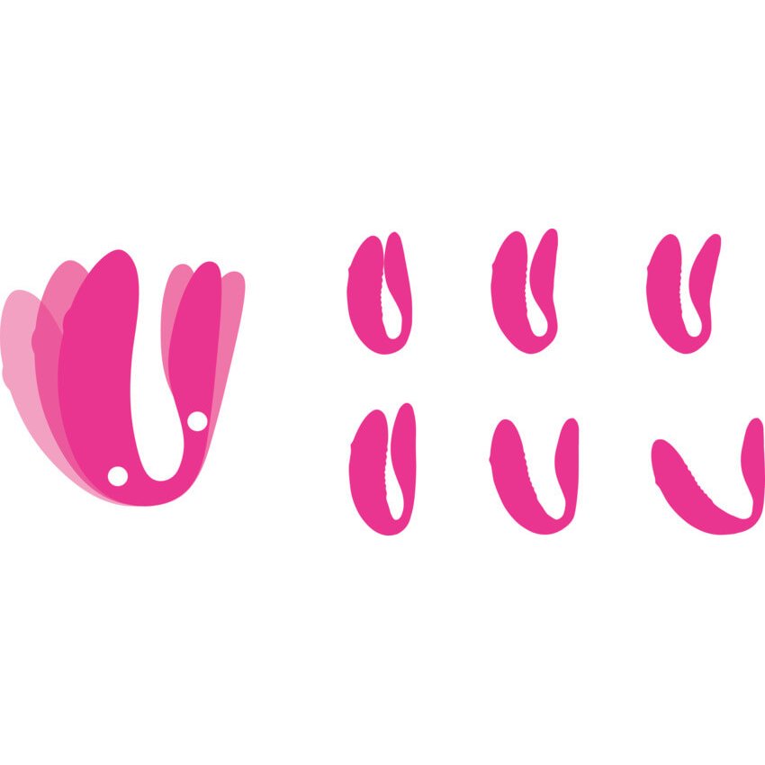 Outlines of the We-Vibe Chorus vibrator all shown next to each other. One image shows the two hinge joints that can be adjusted. There are then 6 other images showcasing different shapes that the Chorus can make once those two hinge joints are adjusted to find a good fit for your own body. | Kinkly Shop