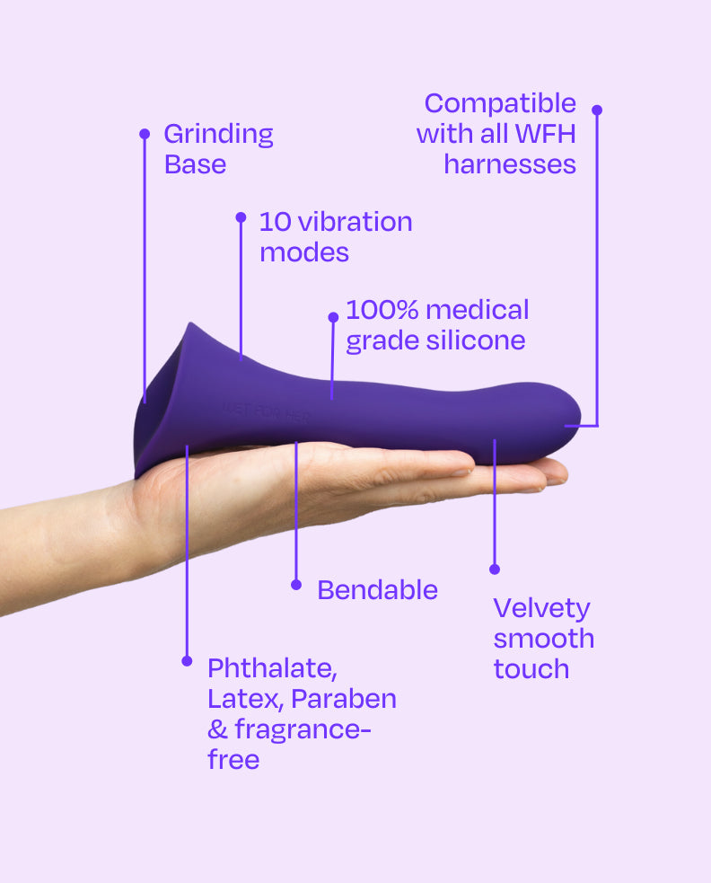 A person holds the Wet for Her Fusion 2.0 with Grinding Base while text surrounds the various features. Text reads: Grinding base. 10 vibration modes. Compatible with all Wet for Her harnesses. 100% medical grade silicone. Bendable. Phthalate, latex, paraben, and fragrance free. Velvety smooth touch. | Kinkly Shop