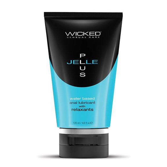 Front side of the Wicked Jelle Plus Relaxing Anal Lube bottle. It is primarily black with a blue accent color. It's a triangularly-shaped squeeze bottle. | Kinkly Shop