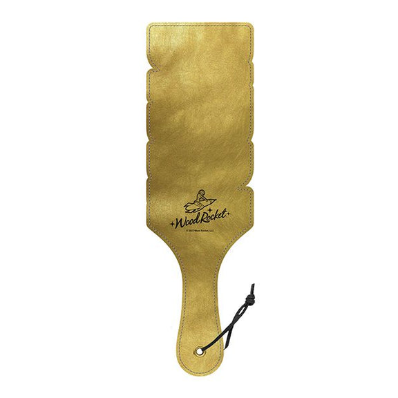 Back side of the Wood Rocket Daddy Paddle. The entirety of the paddle is the shimmery gold material except the "Wood Rocket" logo which is etched into the paddle in black. | Kinkly Shop