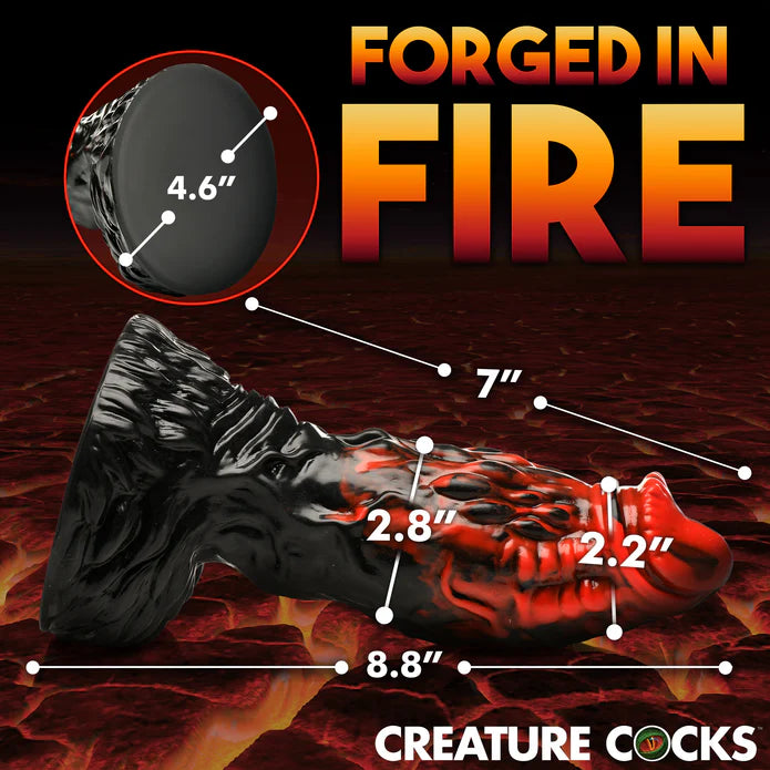 The Creature Cocks Vulcan Rod shown with measurements superimposed over top of an image of the dildo. All measurements can be found within the product text description. | Kinkly Shop