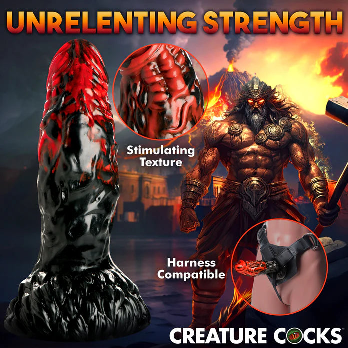 Collage of images showcases the features of the Creature Cocks Vulcan Rod. Text on the image reads: "Unrelenting strength. Stimulating texture. Harness compatible." | Kinkly Shop